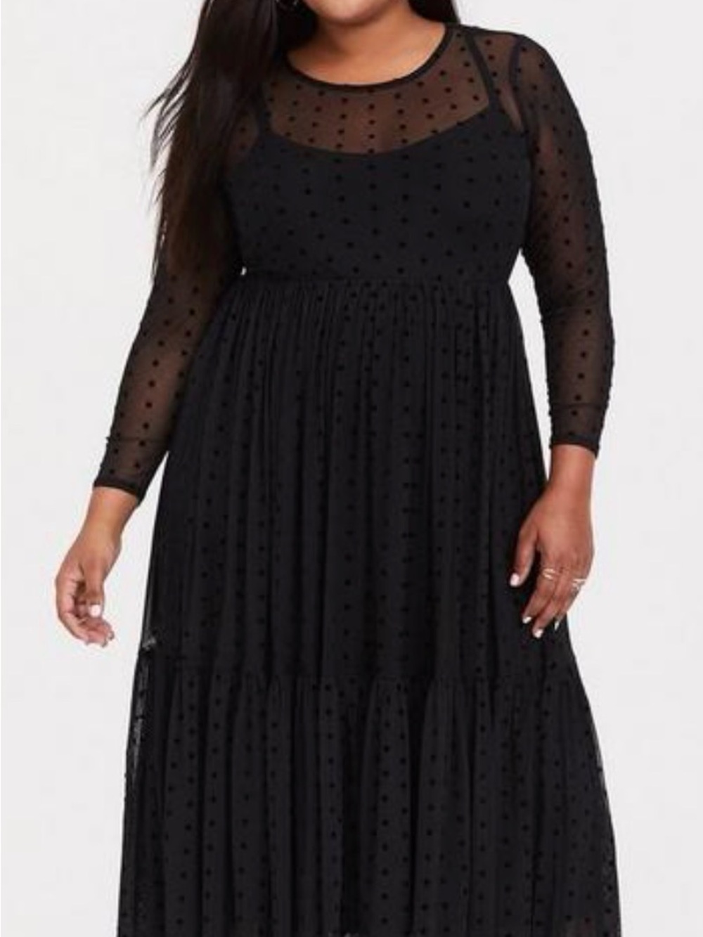 torrid Black Sheer Polka Dot Tiered Maxi Dress